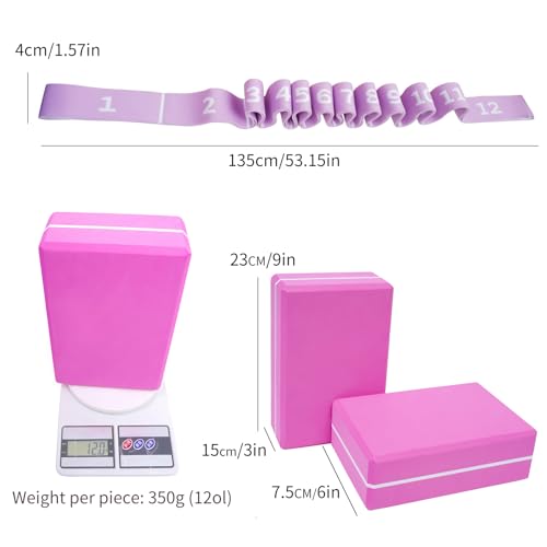 Yoga Blocks 2 Pack with Elastic Stretch Band & Bag – High Density Foam Yoga Blocks for Stability, Deep Stretching & Balance, 12-Loop Resistance Strap for Yoga, Pilates, Dance & Flexibility Training - color: Pink+Purple