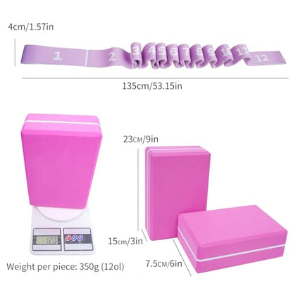 Yoga Blocks 2 Pack with Elastic Stretch Band & Bag – High Density Foam Yoga Blocks for Stability, Deep Stretching & Balance, 12-Loop Resistance Strap for Yoga, Pilates, Dance & Flexibility Training - color: Pink+Purple