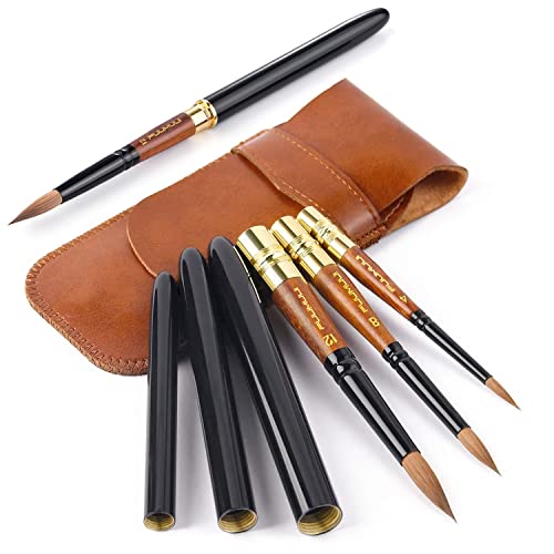 Travel Watercolor Brushes, Fuumuui 3Pcs Plein Air Elegant Sable Water Color Brushes with Pocket Size Leather Pouch Perfect for Watercolor Gouache Ink Painting - color: Black-3pcs