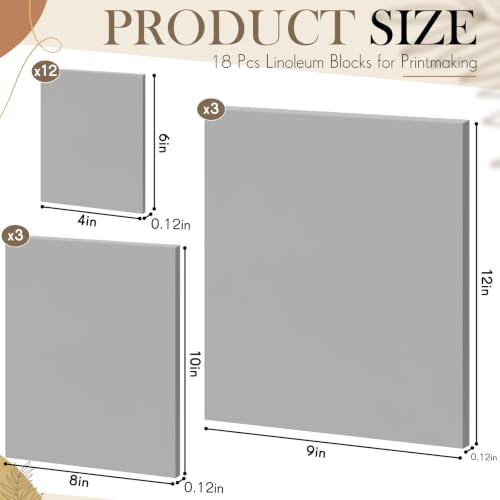 Joyfolk 18 Pcs Linoleum Blocks for Printmaking Set in 3 Sizes, 4 x 6, 8 x 10, 9 x 12 Inch Soft Rubber Carving Blocks, Linocut Block Relief Printing Supplies for DIY Crafts, Art Projects, Stamp Making - color: Grey, size: 4x6",8x10",9x12", 0.12"thick