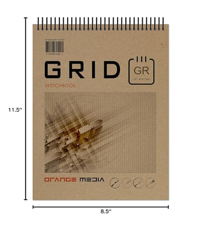 Orange Media Grid Sketchbook. Spiral Bound. Top Spine. Multi-Media. (8.5" x 11") 1/8" Box. (Grey Grid). SB-50100-TS - color: Grey Grid