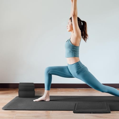 BalanceFrom 7-Piece Yoga Set with 71x24x1 Inches Extra Thick Mat and Carrying Sling – Includes 2 Blocks, Stretch Strap, 2 Towels, and Knee Pad for Home, Studio, and Gym Workouts - color: Black