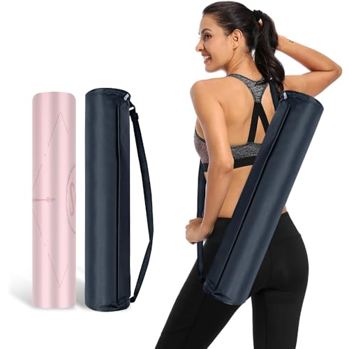 Natural Rubber Yoga Mat - Non Slip Non Toxic - 5mm Thick Yoga Mat for Hot Yoga/Pilates - Extra Large 26.8’’ with Alignment Guide - Sweat Proof - with Carrying Bag - color: Soft Rose