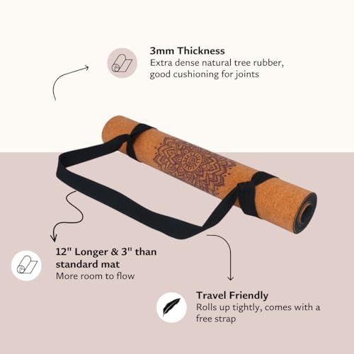 Shakti Warrior Chakra Cork Yoga Mat, Extra Long, 84 x 27 Inch, 2mm Thick