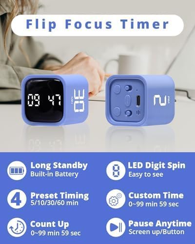 Productivity Timer Flip Gravity Sensor Cube Timer Countdown & Countup,Mute & Vibrate & Sound，5/10/30/60min & Custom Timing, Perfect for ADHD,Work,Learning,Kitchen Cooking (1Blue) - color: Blue