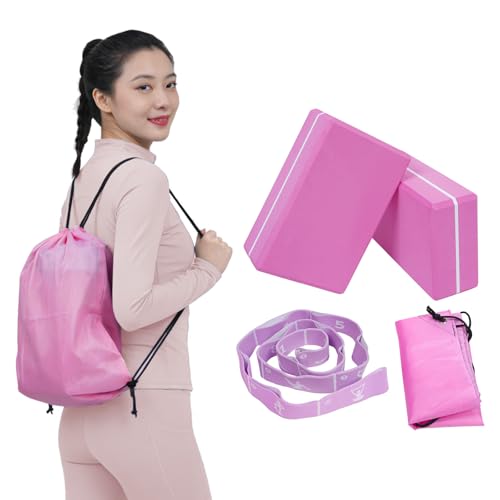 Yoga Blocks 2 Pack with Elastic Stretch Band & Bag – High Density Foam Yoga Blocks for Stability, Deep Stretching & Balance, 12-Loop Resistance Strap for Yoga, Pilates, Dance & Flexibility Training - color: Pink+Purple