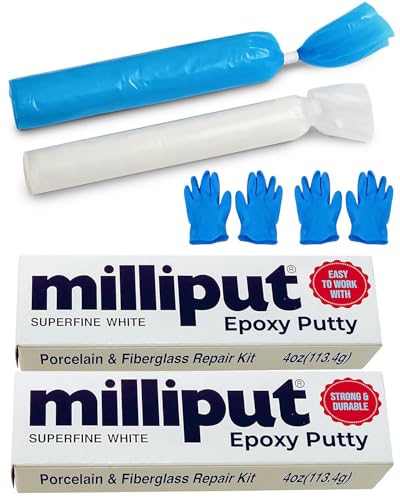 Milliput Superfine White Epoxy Putty 2 Pack - Porcelain Repair Kit | Fixes sinks, tubs, tiles and ceramic. 2 x 4 oz packs, 8 oz total, with 2 pairs of gloves. Waterproof, Paintable, Sandable.