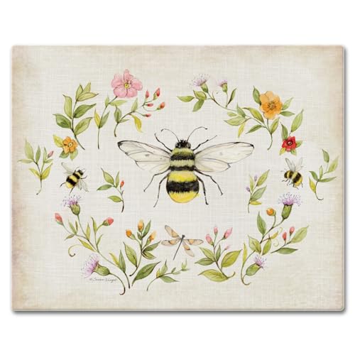 CounterArt Bee Wreath 3mm Tempered Glass Cutting Board 15” x 12” | Serving Board Charcuterie Board - color: Bee Wreath
