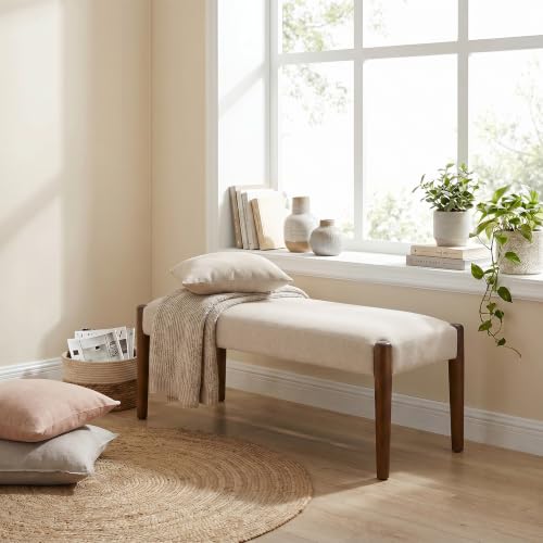 Usaint 42" End of Bed Bench with Wood Legs, Beige with Walnut Leg - color: Beige With Walnut Leg