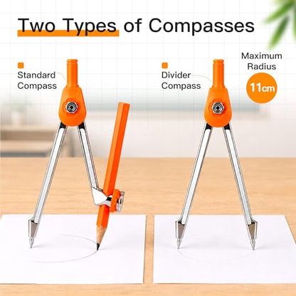 YPLUS Geometry Set, Protractor and Compass Set for Students, 11Pcs | Compass Drawing Tool with Metal Case, Protractor, Formula Card, Rulers, Mechanical Pen, School Supplies for Students - size: 1 Count (Pack of 11)