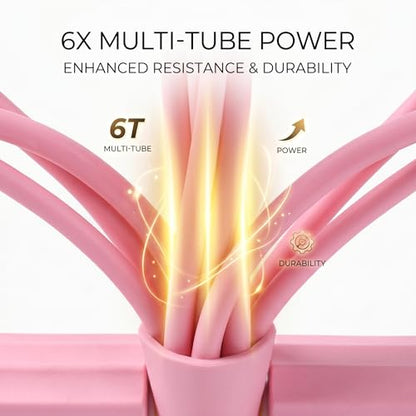 Pedal Resistance Bands with Handles, 6-Tube Sit Up Pull Rope Resistance Trainer, Natural Latex Foot Pedal Exercise Bands for Full Body Workout, Home Fitness Training, Waist, Arms & Legs (Pink)