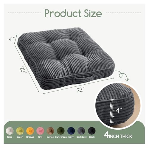 HIGOGOGO Floor Pillow Cushion for Adults, Meditation Cushion Pillow, Large Square Floor Sitting, Tufted Corduroy Cover, for Tatami Living Room or Yoga, 22x22 Inch, 2Pack, Dark Grey - color: Square Dark Grey, size: 4" Thick(Pack of 2)