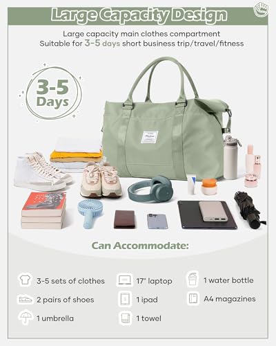 Travel Duffel Bags for Women Mens Waterproof Weekender Carry on Bag Sports Gym Bag Travel Tote Bags with Wet Pocket Overnight Bag Workout Duffel Bags with Trolley Sleeve Grey Green - color: F7-Grey Green