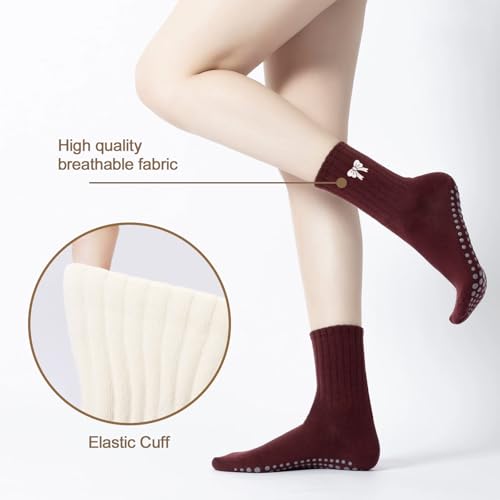 Women's Pilates Grip Socks, Ruffle Non Slip Bow Pattern Yoga Socks | Grippy, Frilly Trim, Embroidery, Crew Length, Soft Cotton, Arch Support, for Barre Ballet Dance Workout Hospital Home Gifts - color: C06-red (White Bow)*2