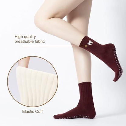 Women's Pilates Grip Socks, Ruffle Non Slip Bow Pattern Yoga Socks | Grippy, Frilly Trim, Embroidery, Crew Length, Soft Cotton, Arch Support, for Barre Ballet Dance Workout Hospital Home Gifts - color: C06-red (White Bow)*2