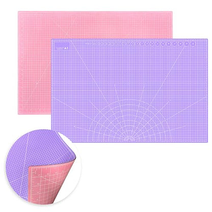 Double Sided Sewing Self Healing Cutting Mat 24 x 36 Inches, A1 Size Craft Sewing Cutting Mat for Crafts and Fabric, Purple & Pink Design