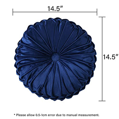 HIG Set of 2 Navy Velvet Decorative Round Pleated Throw Pillows - color: Navy