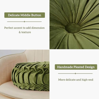 HIG Set of 2 Olive Velvet Decorative Round Pleated Throw Pillows - color: Olive