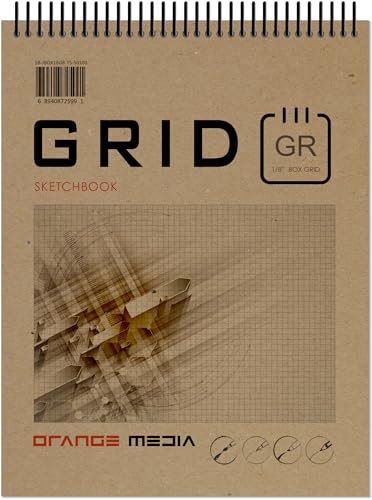 Orange Media Grid Sketchbook. Spiral Bound. Top Spine. Multi-Media. (8.5" x 11") 1/8" Box. (Grey Grid). SB-50100-TS - color: Grey Grid