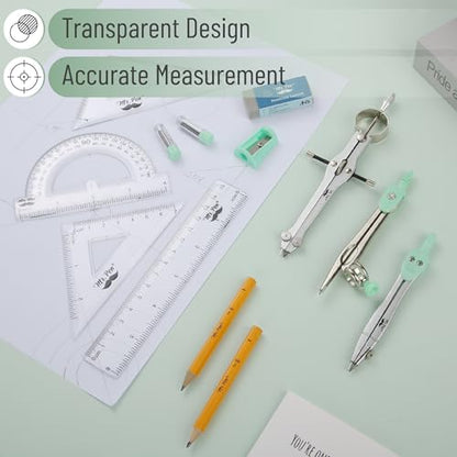 Mr. Pen- Geometry Set, 13 pcs, 3 Metal Compasses, Protractor, 6" Ruler | 45° & 30°/60° Set Squares, Pencils, Lead Refills, Sharpener & Eraser for Math, Drafting & Classroom Use | 45° & 30°/60° Set Squares, Pencils, Lead Refills, Sharpener & Eraser for Mat