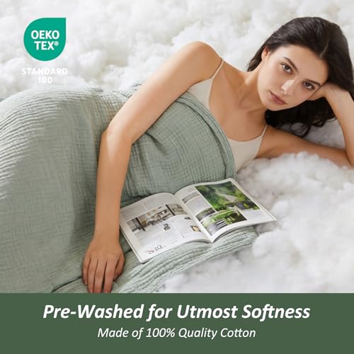 EMME Cotton Muslin Large Throw Blanket Couch Breathable Gauze Soft Lightweight Bed Blankets Adults (Heather Sage Green, 50"x70") - color: 09 - Sage Green, size: Large Throw (50" X 70")