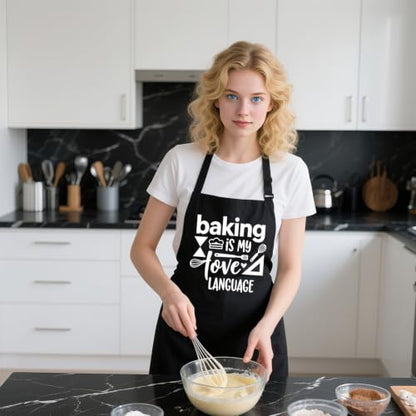 Funny Apron for Women with 2 Pockets, Adjustable Kitchen Apron for Cooking Baking Gifts for Mom Wife Birthday - color: Black-baking is My Love Language