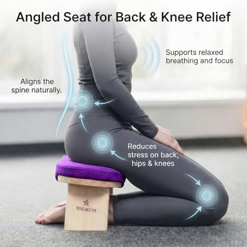 Yogikuti Folding Meditation Bench, Purple | Removable Cushion, Wooden Seiza Kneeling Stool, Ergonomic Meditation Seat, for Home & Yoga Studio, Comfortable Posture (Purple) - color: Purple
