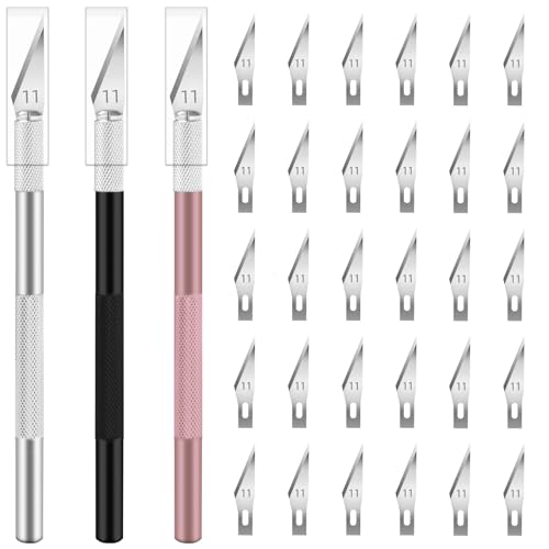 Exacto Knife, Craft Knife with 30#11 Blades for Art and Modeling | Hobby knife blades support paper, stencils and models, Precision knife suits carving, trimming and scrapbooking projects - color: Black-silver-pink