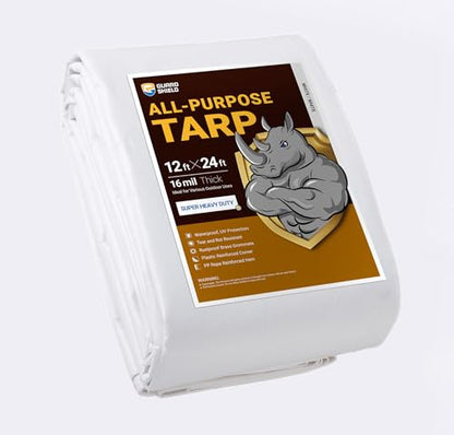 GUARD SHIELD Super Heavy Duty White Ploy Tarp Cover 12x24 Feet Waterproof Tarps 16mil Thick UV and Tear Resistant Tarpualin - color: White, size: 12x24