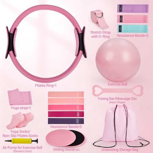 Takywep Women’s Home Pilates Starter Kit, Complete Training Set with 13 Inch Magic Pilates Circle, Mini Exercise Ball & Elastic Resistance Bands, All-in-One Fitness Accessories