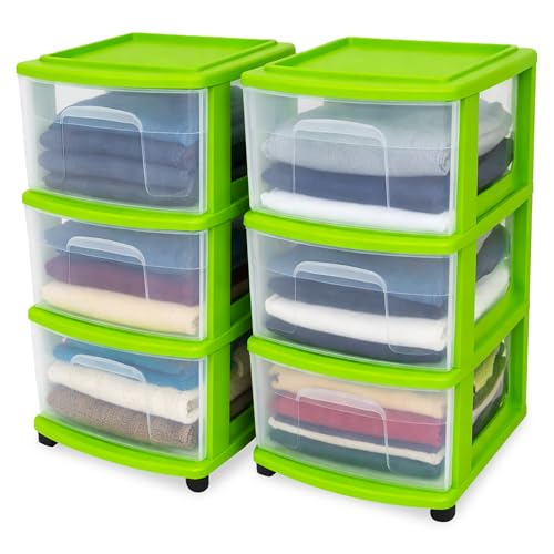 HOMZ Drawer Tower, 3-Tier Storage Cart with Removable Wheels, Lime, 2 Pack | Plastic Organizer with Clear Bin Drawers for Bedrooms, Bathrooms, Home Offices, and Dorm Rooms - color: Bold Lime, size: 2 Pack
