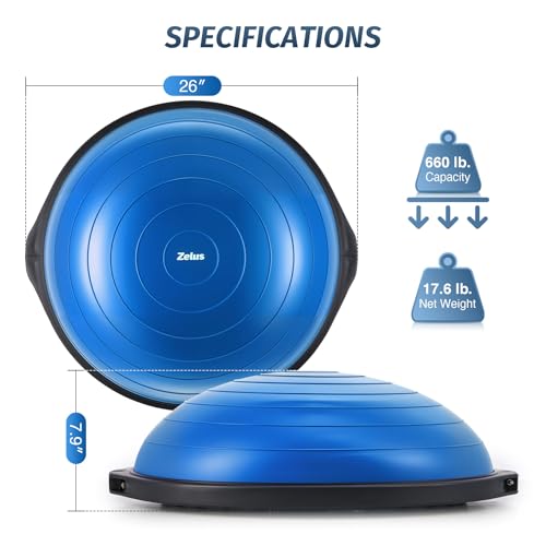 ZELUS 25in. Balance Ball | 660lb Inflatable Half Exercise Ball Wobble Board Balance Trainer w Nonslip Base | Half Yoga Ball Strength Training Equipment w 2 Bands, Pump, Extra Ball Included - color: Blue