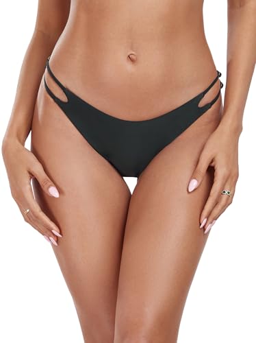 Colloyes Women's Low Waisted Bikini Bottoms Double Straps Cut-Out Cheeky - color: Black, size: Large
