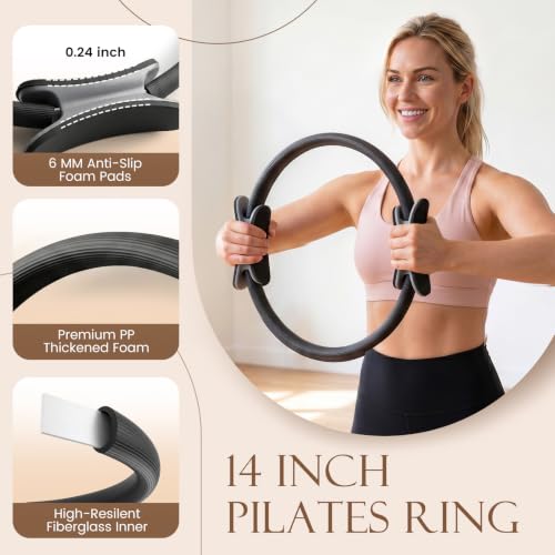 JELUTAR Pilates Kit for Women Home Workout, Pilates Equipment Set | 14”Pilates Ring and Ball, Fabric Resistance Bands, Exercise Band, Ankle Straps, Grip Socks Gym Accessories Fitness Essentials - color: Black