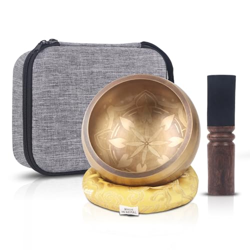 Kmise Tibetan Singing Bowls Set- Handmade in Nepal Meditation Sound Bowls for Yoga, Meditation, Mindfulness, Healing and Chakra Balancing, Stress Relief (5', Gold Flower) - color: 5inch Golden Flower