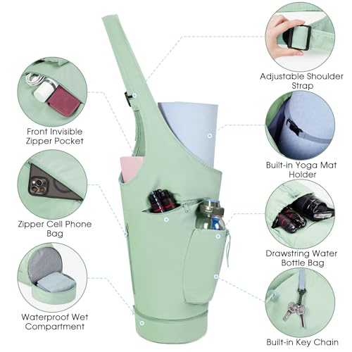 sportsnew Yoga Mat Bag, Large Opening Long Tote Yoga Mat Carrier Holder Bag with Waterproof Wet Pocket and Drawstring Water Bottle Pocket, Adjustable Shoulder Strap Storage Bag, patent pending - color: Mint Green