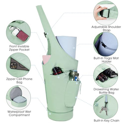 sportsnew Yoga Mat Bag, Large Opening Long Tote Yoga Mat Carrier Holder Bag with Waterproof Wet Pocket and Drawstring Water Bottle Pocket, Adjustable Shoulder Strap Storage Bag, patent pending - color: Mint Green