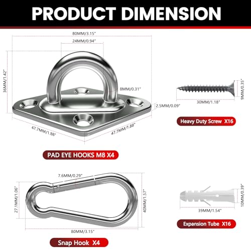 sprookber 304 Stainless Steel Pad Eye Snap Hook,M8 Ceiling Hook 1200Lb,8Pcs | Hanging Kit with Screws for Hammock Chair Swing, Yoga Gym Equipment, Sun Shade Sail, Plant Hangers & Marine Boat Hardware - size: 3.15 inch, style: Rhombus