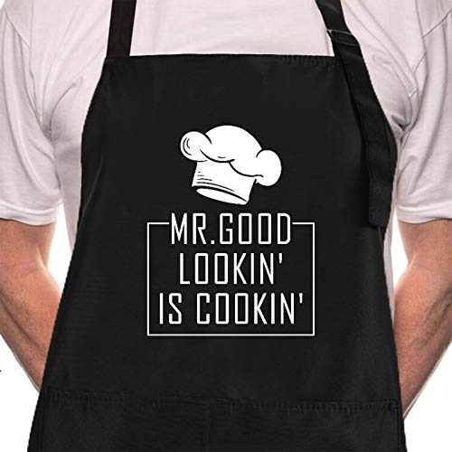 Rosoz Funny BBQ Black Chef Aprons for Men, Mr Goodlookin' is Cookin' | Adjustable Kitchen Cooking Aprons, Waterproof Oil Proof ,2 Pockets, Long Ties, Dad Gifts for Birthday Father's Day Christmas