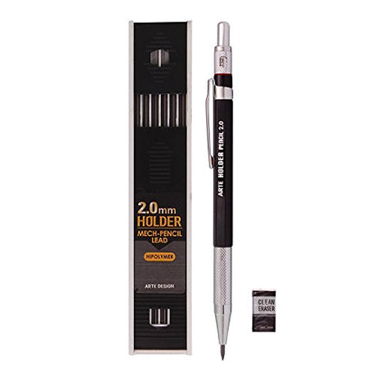 2.0mm Lead Holder Pen Mechanical Pencil for Draft Drawing, Art Sketching Carpenter +(Lead 1 Pack,Eraser) (Black Body)