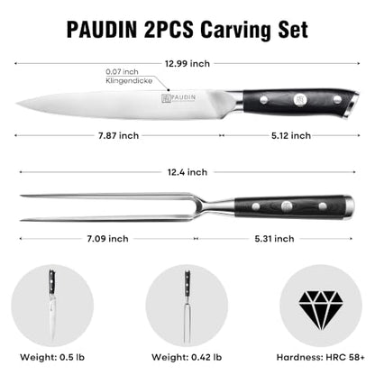 PAUDIN Carving Knife Set, 8 inch German High Carbon Stainless Steel Meat Slicing Knife with 7 inch Turkey Fork, Ergonomic Full Tang G10 Handle, Dishwasher Safe,BBQ Brisket Slicer,Cooking Gifts for Men - color: Carving Knife and Fork Set - 8 inch