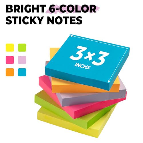 M&G 6 Pads Sticky Notes 3x3 Inch, Self Sticky Notes 6 Bright Colors Easy to Stick Office and School Supplies for Home, Desk, and Notebook Use, 120 Sheets/Pad - style: Bright 6 Colors(720 Sheets)