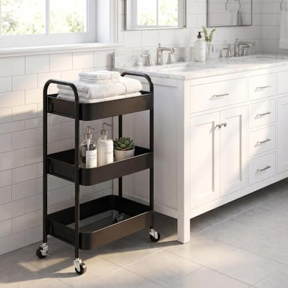 SETTFRFE 3-Tier Metal Rolling Storage Cart with Lockable Wheels,Black | Utility Cart for Kitchen Bathroom Dorm ,Movable Snack Cart & Art Cart for Esthetician Nail Lash Diaper,Tool-Free Assembly