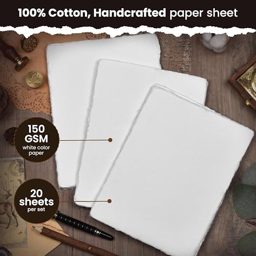 LEATHER VILLAGE Watercolor Paper- 7 X 10 inches - 20 Sheets Watercolor Paper for Drawing, Sketching, Painting & Crafts - 150 GSM Thick Deckle Edge Virgin Cotton Handmade Paper - White - color: White, size: 7 X 10 Inch