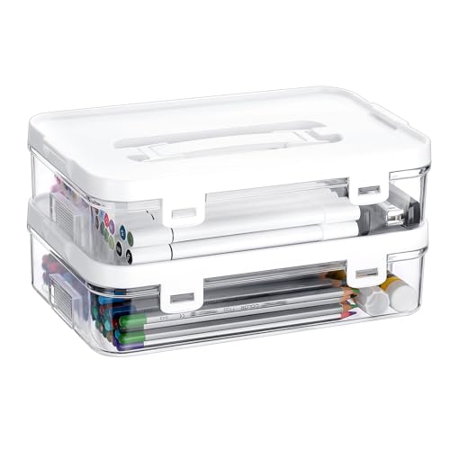 BTSKY 2 Pack Clear Plastic Storage Box with Handle & Flap Lid, Portable Craft Organizers and Storage Box Art Supply Storage Organizer Multipurpose Plastic Sewing Box for Beads Pencils Sticky Notes - color: 2 Pack
