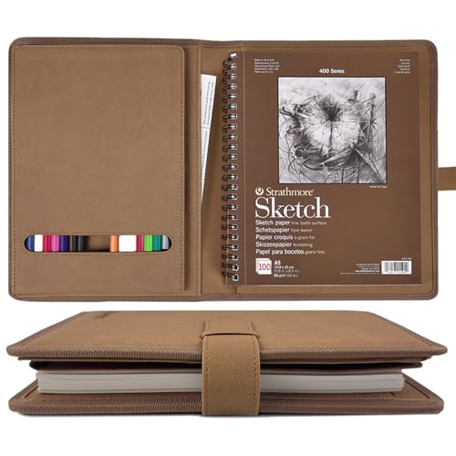 Plinyvel Brown Leather Sketchbook Cover 5.5x8.5, Travel Drawing Portfolio | Portable sketch kit organizer, pencil holder, Fits 5.5x8.5 Sketch Book, Spiral Pad, Compact artist storage case - color: Brown, size: Small-5.5x8.5