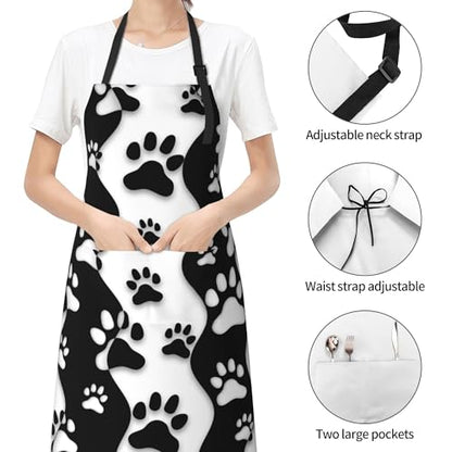 Art Apron with Pocket for Women Men | Kitchen Aprons Chef Apron for Cooking Baking BBQ Painting Gardening - color: Black White Dog Paws