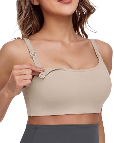 G4Free Barefeel Nursing Bras for Breastfeeding Seamless Maternity Bra | Wirefree, U Back, Removable Pads, Built-in Support Band, One-handed Clips, Adjustable Straps, for Sleep, Yoga or Postpartum - color: Light Khaki, size: Small