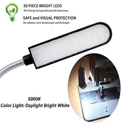 Sewing Machine Light LED Lighting (30LEDs) 6 Watt for Workbench Lathe Drill Press Daylight White Flexible Gooseneck Arm Work Lamp with Magnetic Mounting Base Black