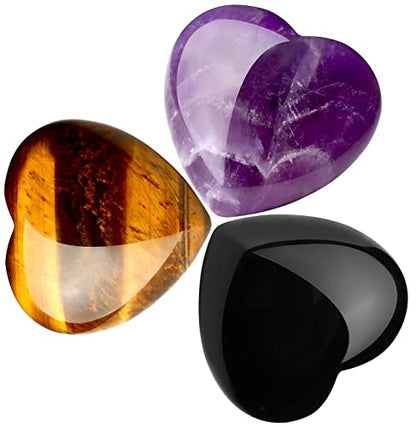 QINJIEJIE 3 PCS 1.2" Large Heart Crystal Amethyst Obsidian Tigers Eye Stone - color: YD - 1.2" Large -3PCS
